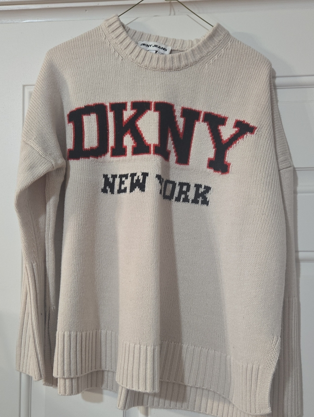 Dkny Cream Crewneck Sweater with Red & Black Logo